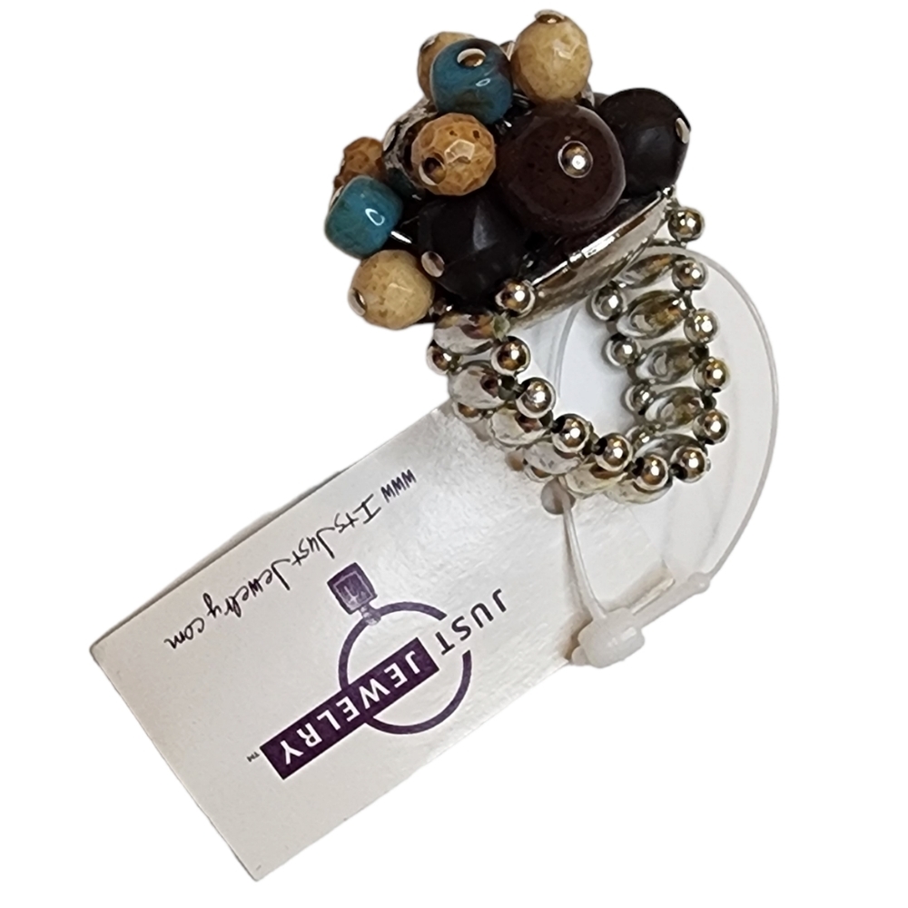 Beaded Stretch Teal Brown Tan Silver Ring